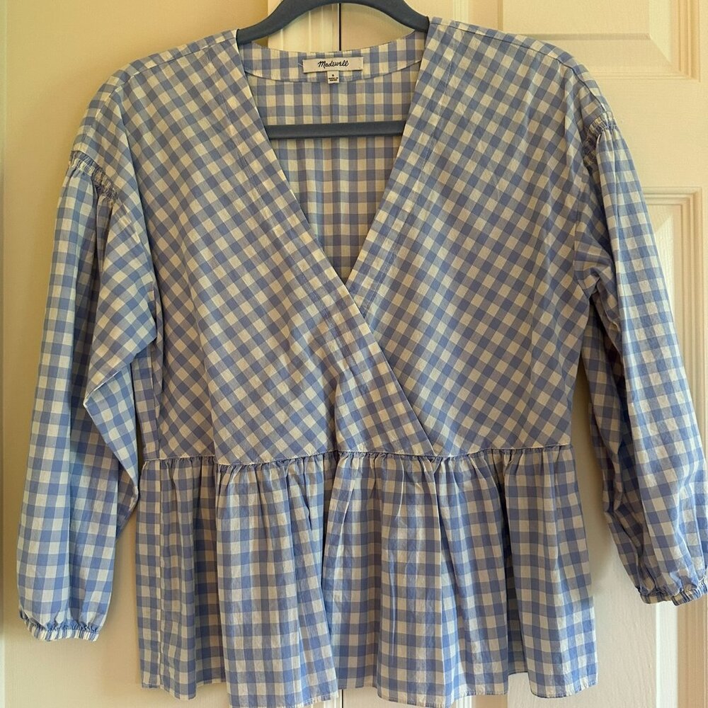Madewell Blue Gingham Peplum Top